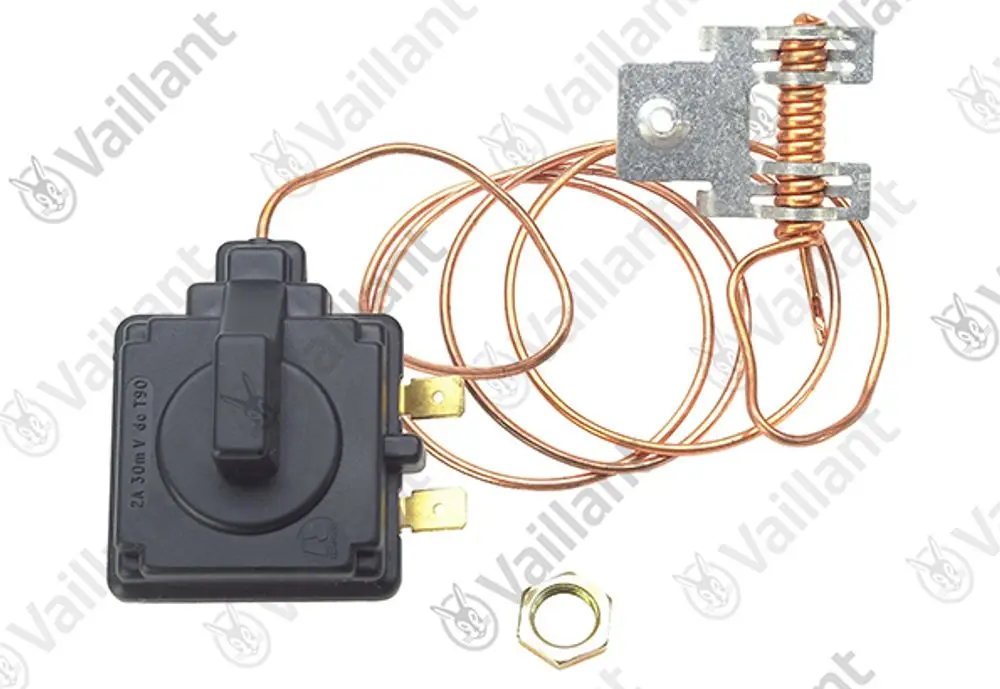 Vaillant Temperaturbegrenzer und Abgassensor mit kupfernen Leitungen, einem quadratischen schwarzen Gehäuse und einer Metallbefestigung.